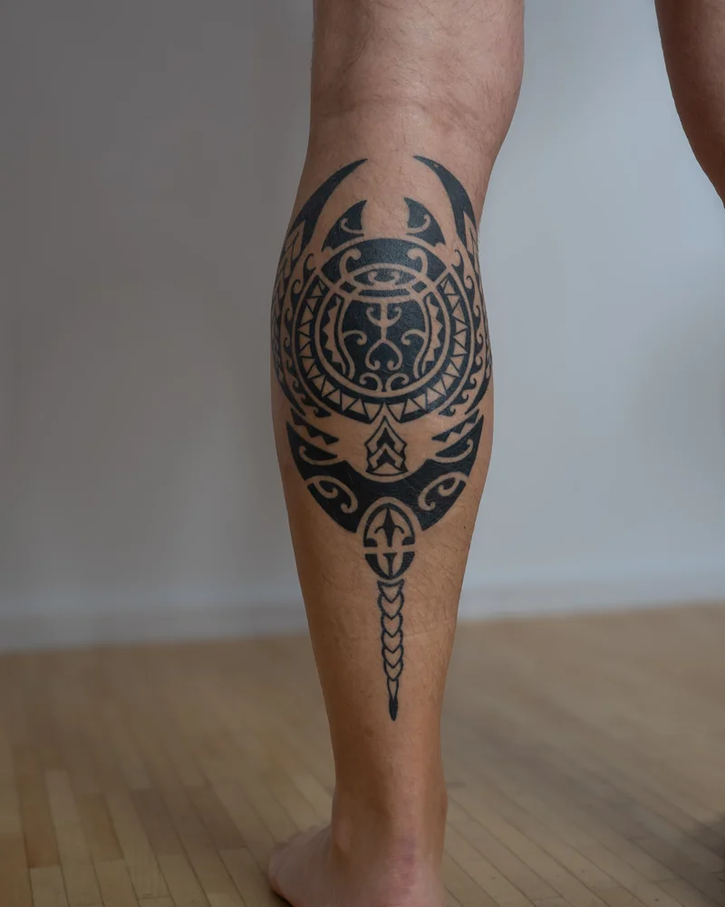Marquesas-inspiriertes Wadentattoo mit figurativem Rundmotiv, Dreiecksbordüre und langem schmalem Abschluss